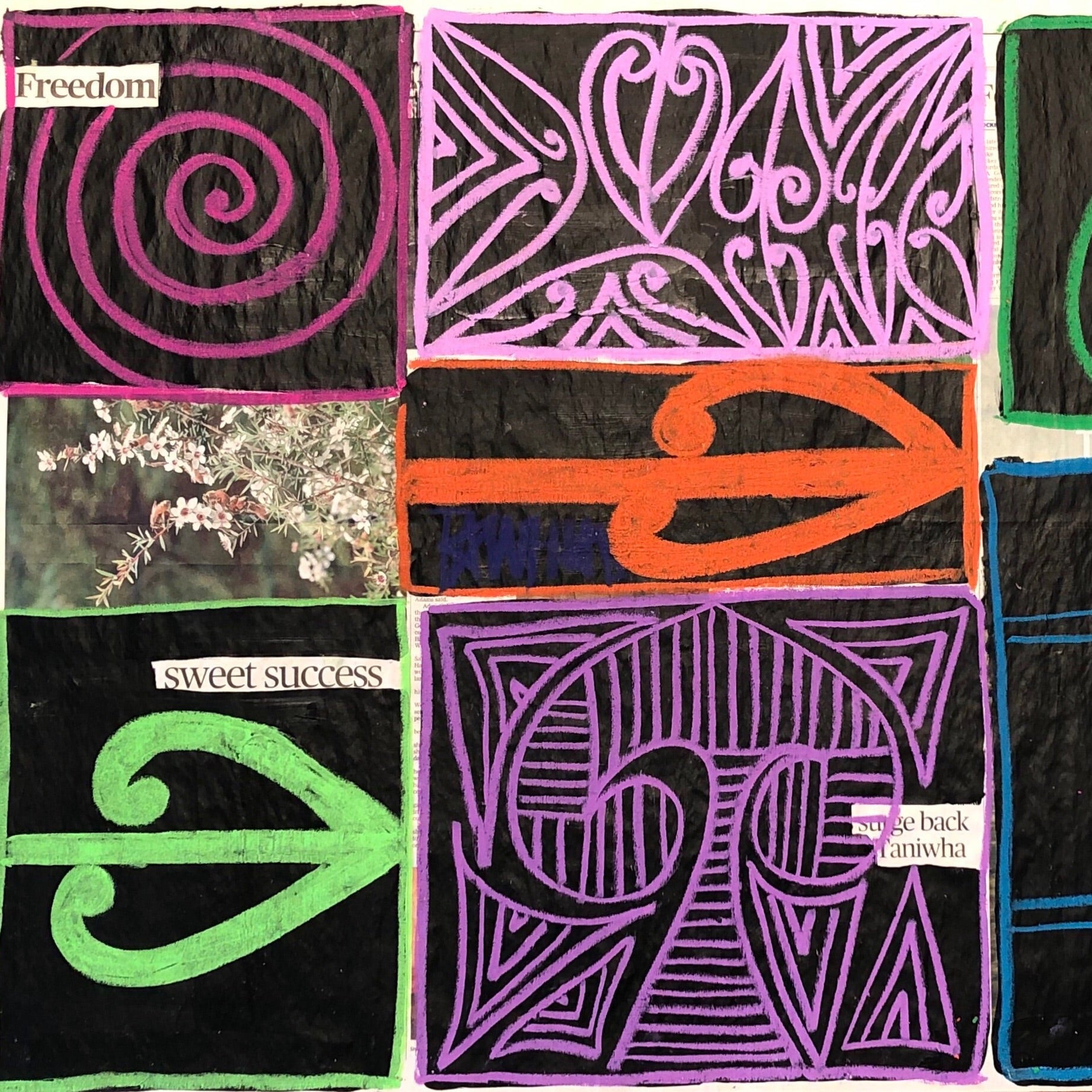 Colourful artwork with Māori symbols and select words