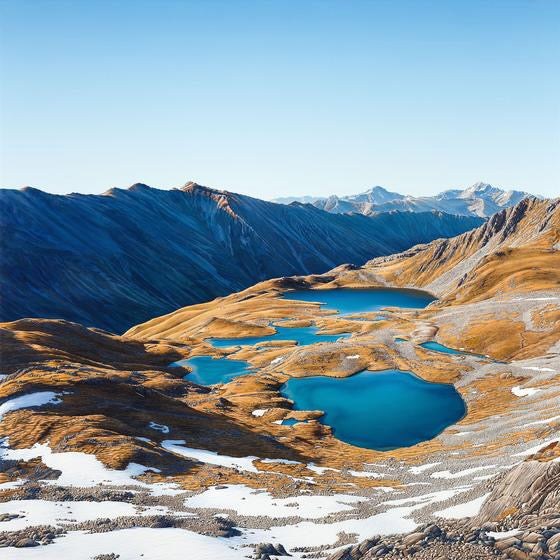 Painting of blue lakes and mountain range