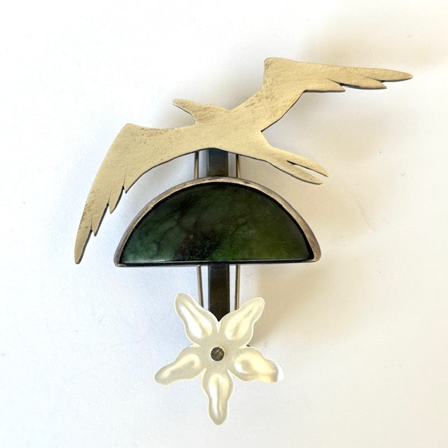 Flag Brooch - Stirling Silver, Mother of Pearl and Jade