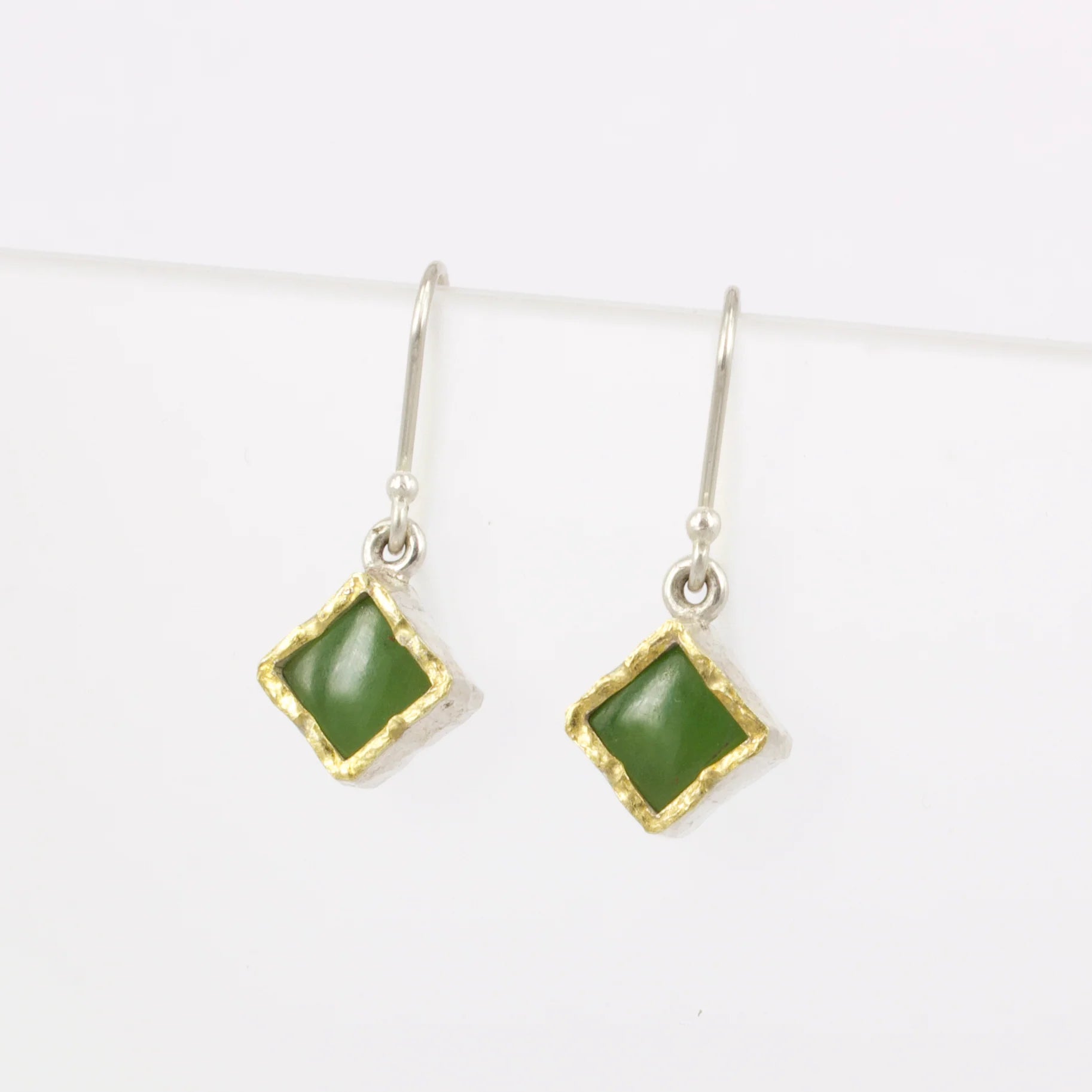 Square pounamu  Earrings encased in silver & 22c. Gold