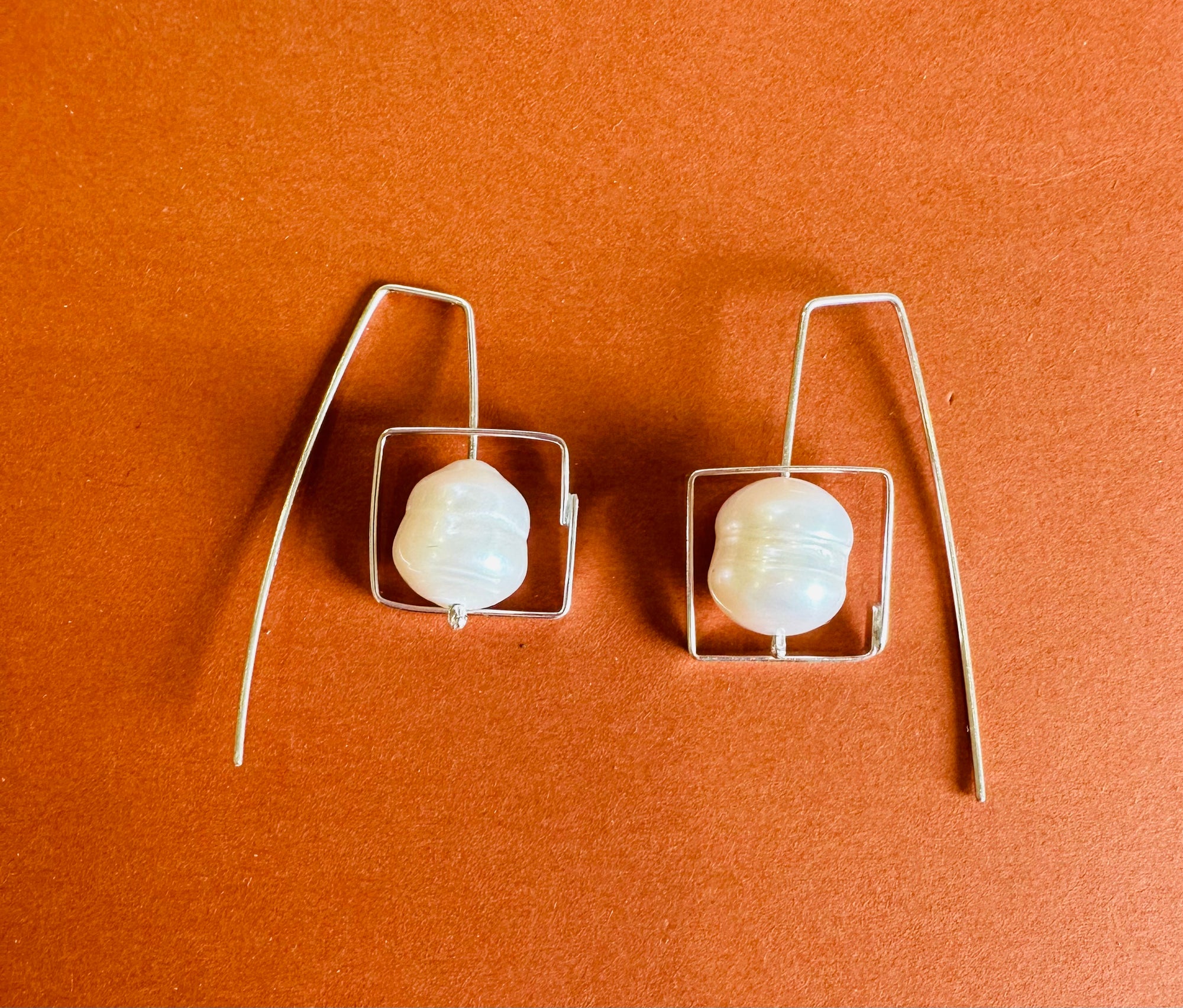 Freshwater Pearl & Silver Square Earrings