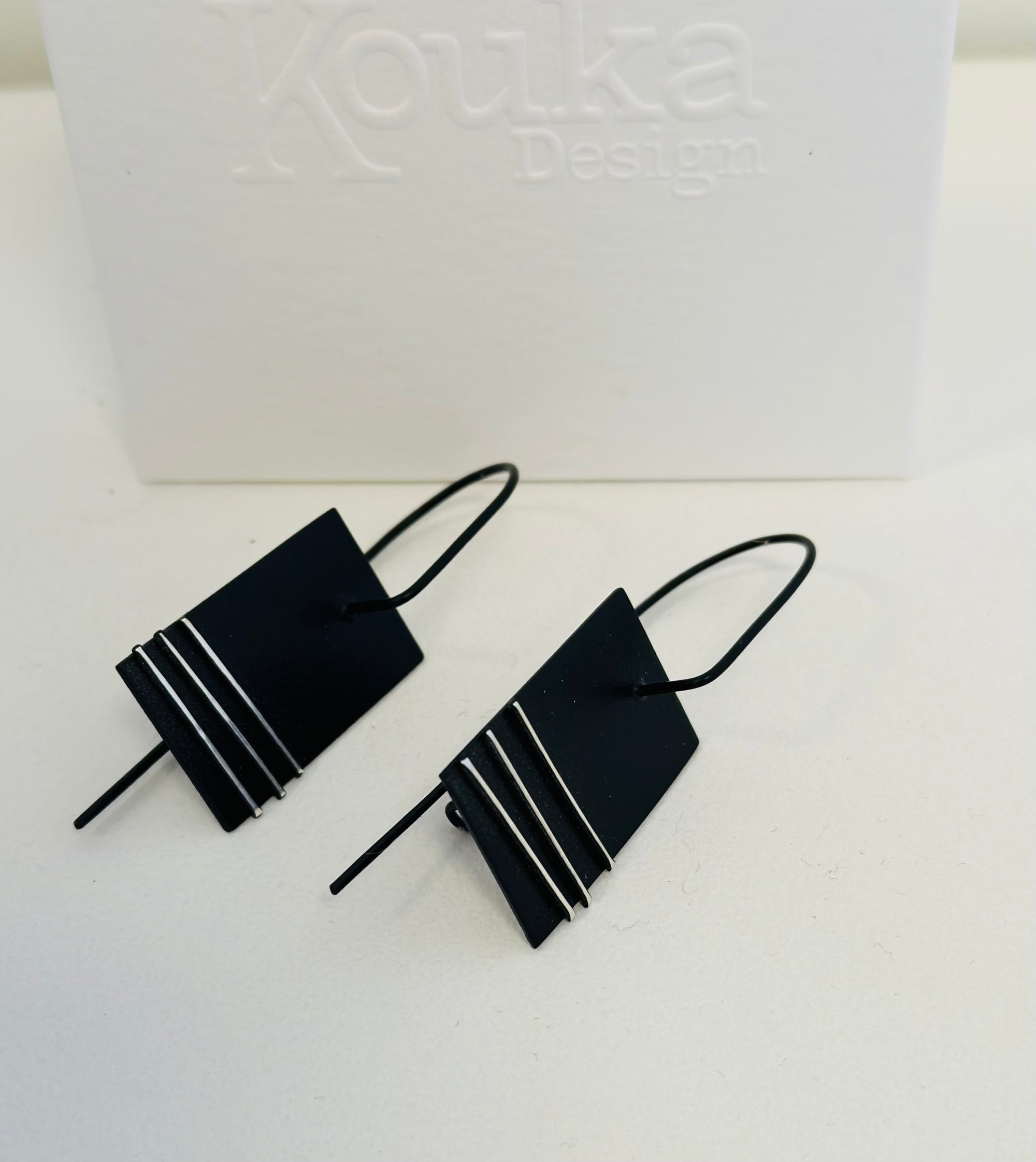 Black Oblong Solid Piece with Silver line Earrings