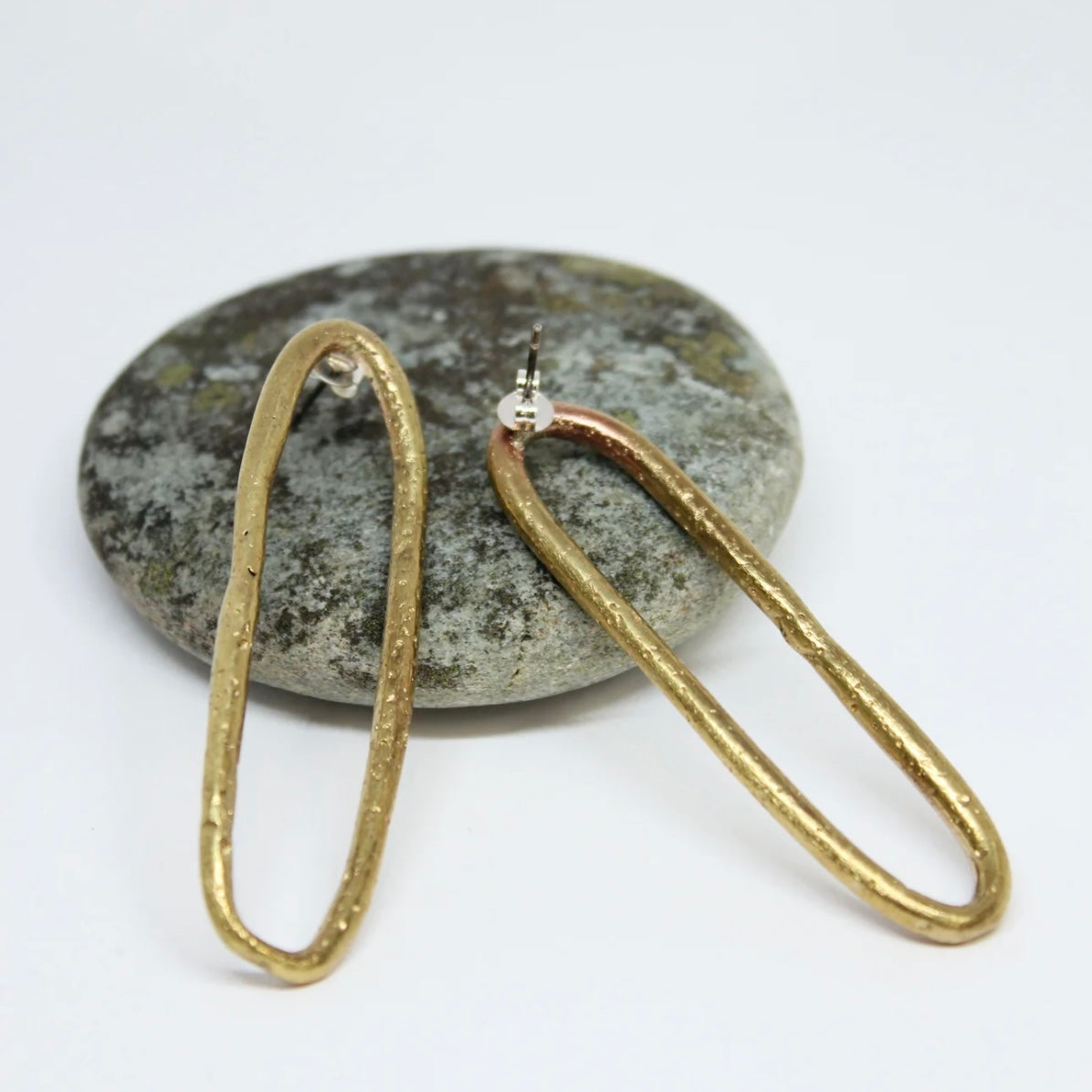 Brass Hand Formed Long Hoop Stud Earrings