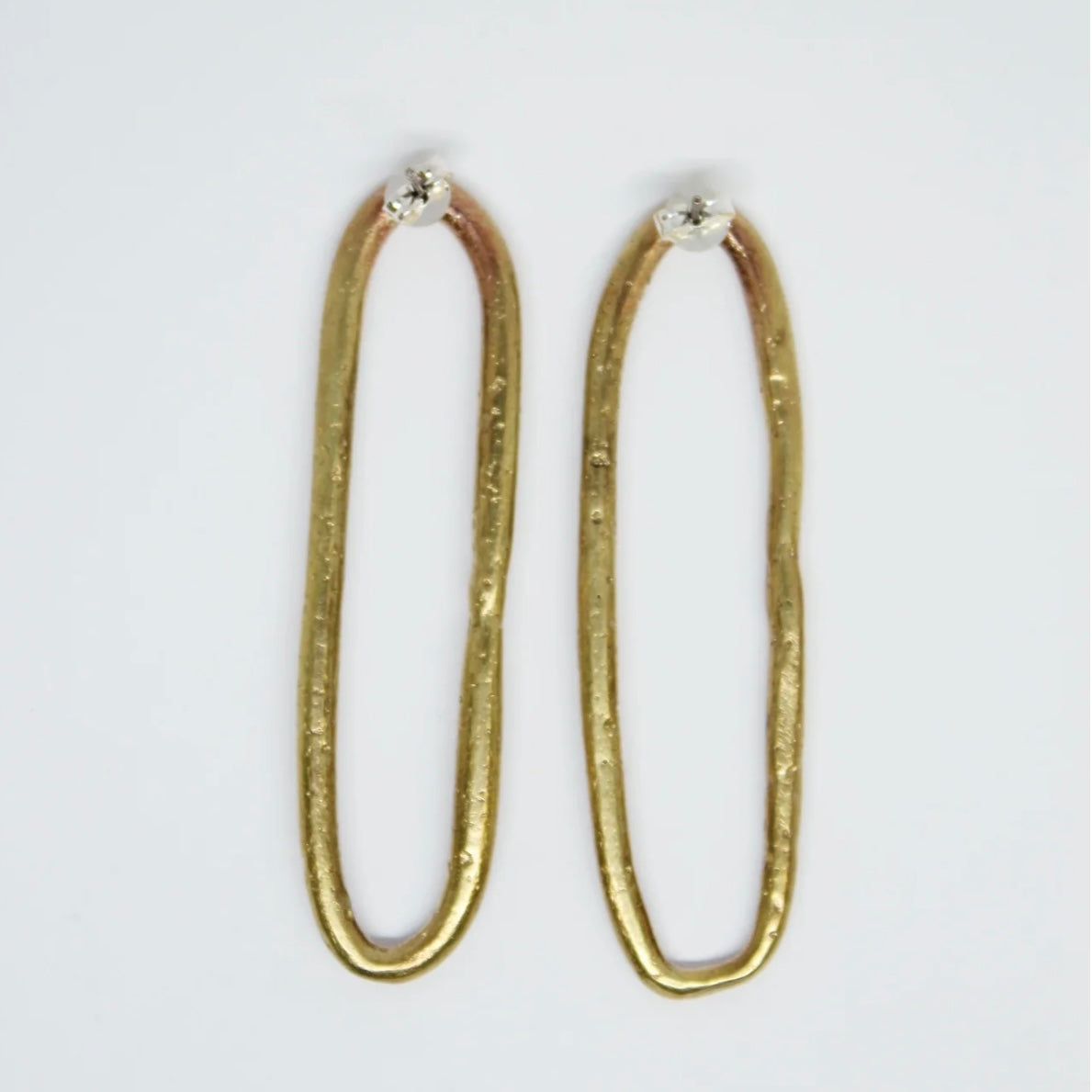 Brass Hand Formed Long Hoop Stud Earrings