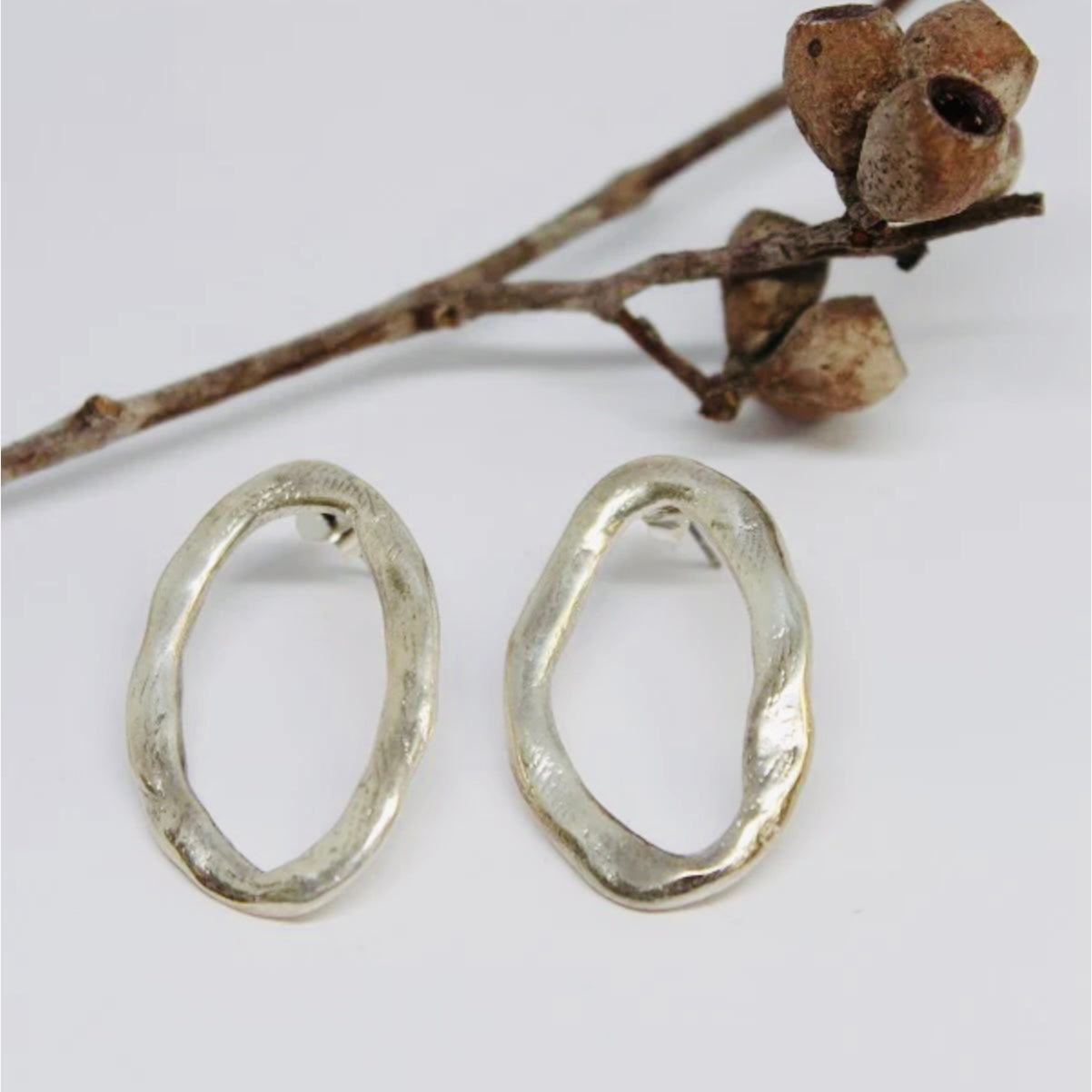 Silver Hand Formed Oval Stud Earrings