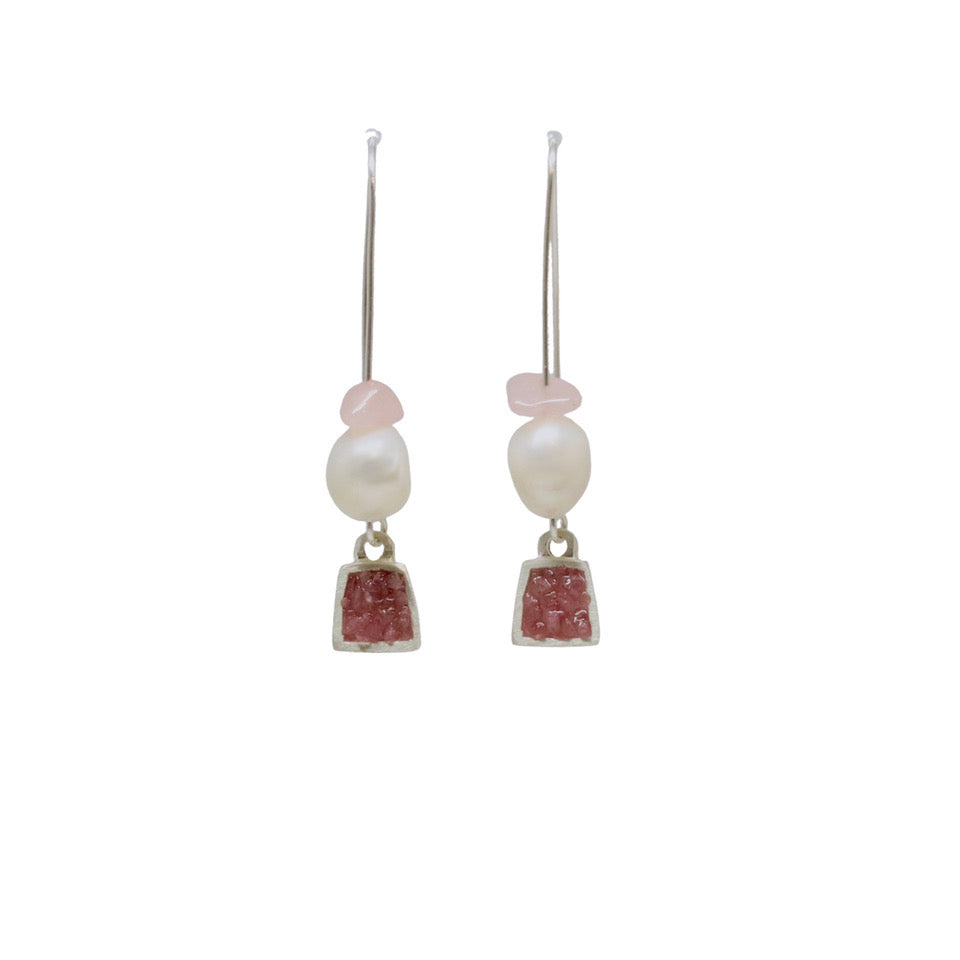 “Locket Drop” Sterling silver, pearl and Pink tourmaline earrings